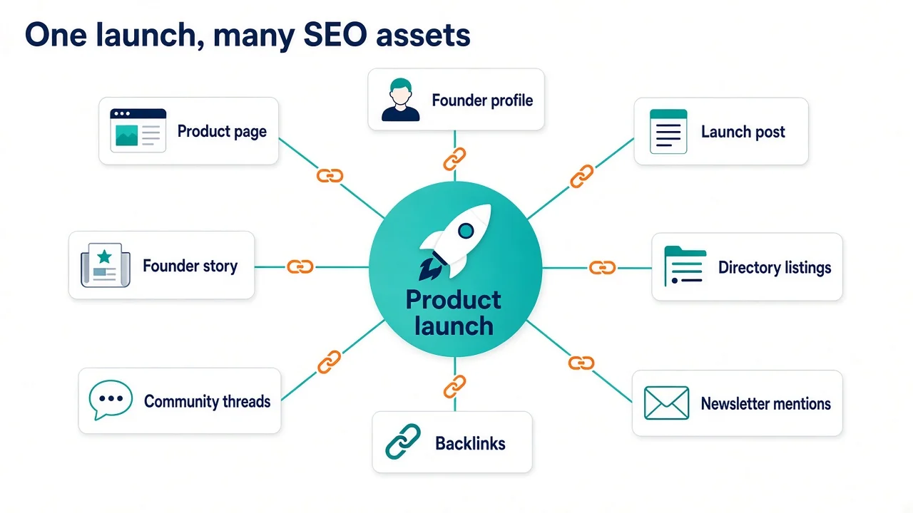 One product launch creates many SEO assets: product page, founder profile, launch post, founder story, directory listings, community threads, backlinks, and newsletter mentions