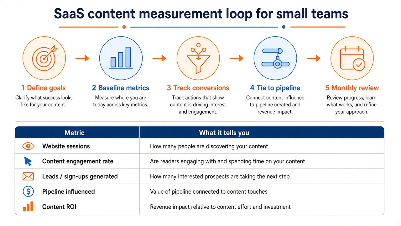 Five-step SaaS content measurement framework for small teams—goals, baselines, tracking, revenue tie-in, monthly review