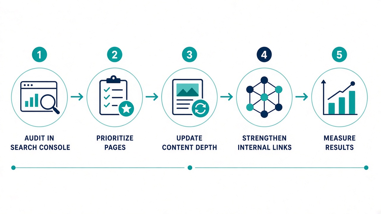 Five-step SaaS content refresh workflow—from audit and prioritize to update, link, and measure