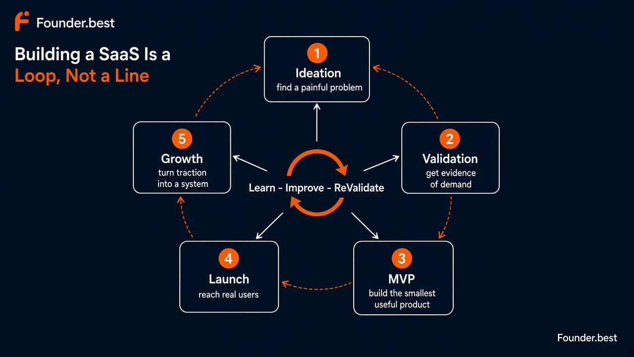 Building a SaaS is a loop, not a line - ideation, validation, MVP, launch, and growth connected by feedback loops