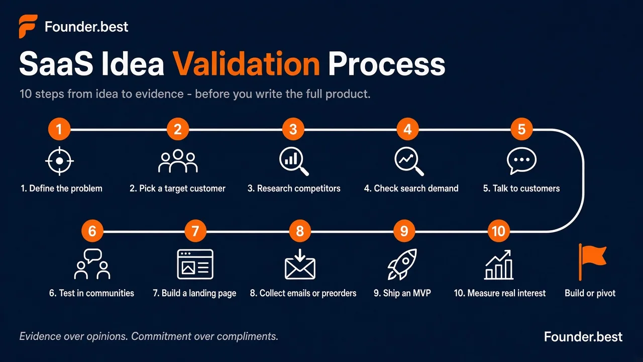 SaaS idea validation process - 10 steps from defining the problem to measuring real interest