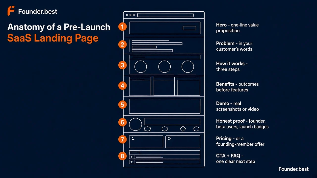 Anatomy of a pre-launch SaaS landing page - hero, problem, how it works, benefits, demo, honest proof, pricing, and CTA with FAQ