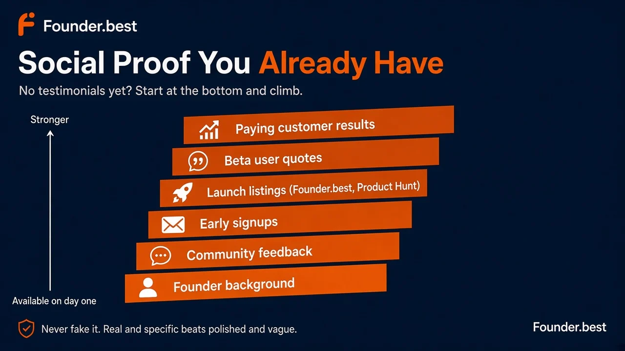 Social proof you already have - from founder background and community feedback up to beta user quotes and paying customer results