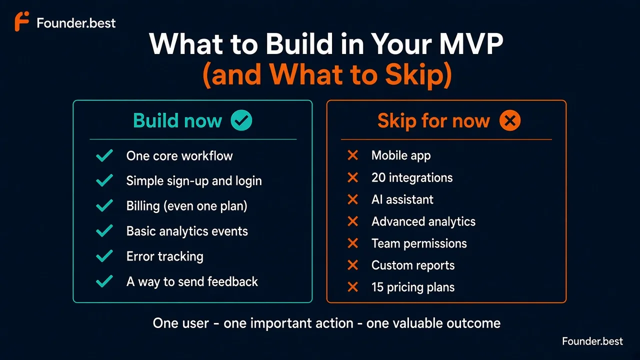 What to build in your MVP and what to skip - core workflow, auth, billing, analytics, error tracking, and feedback versus mobile app, integrations, AI assistant, and complex pricing