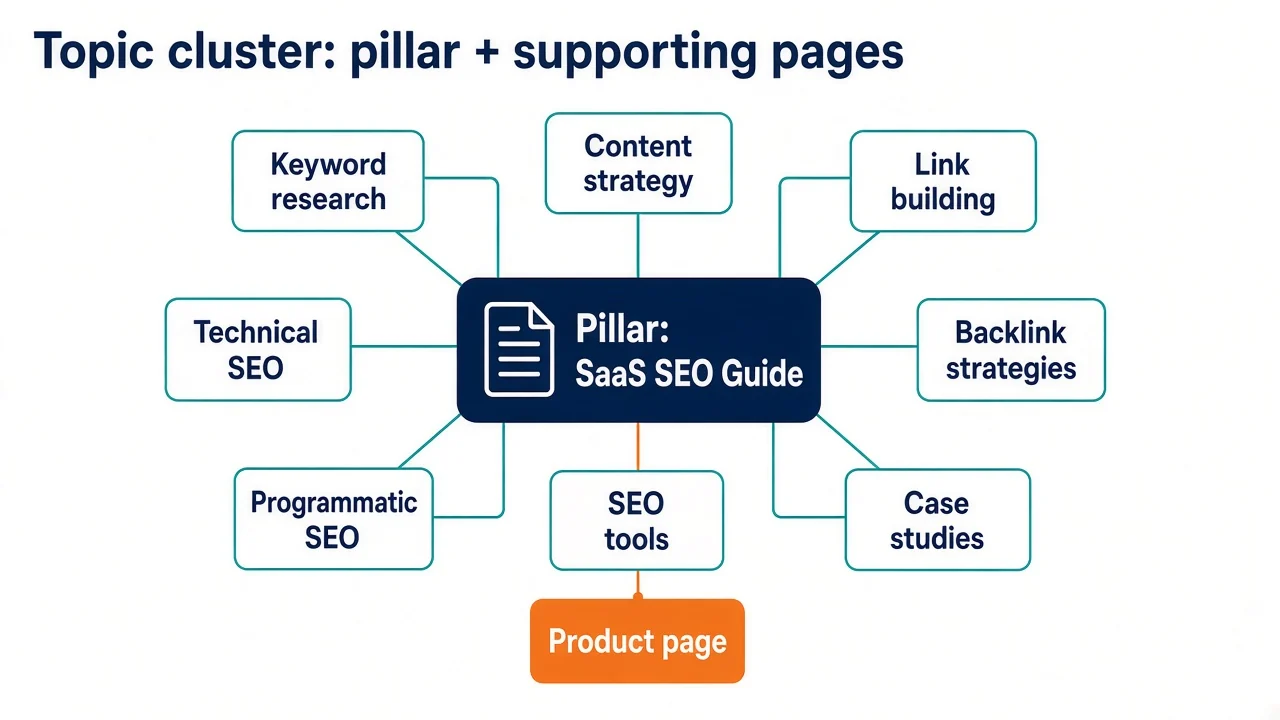 Topic cluster example: a SaaS SEO Guide pillar page connected to supporting articles and a product page