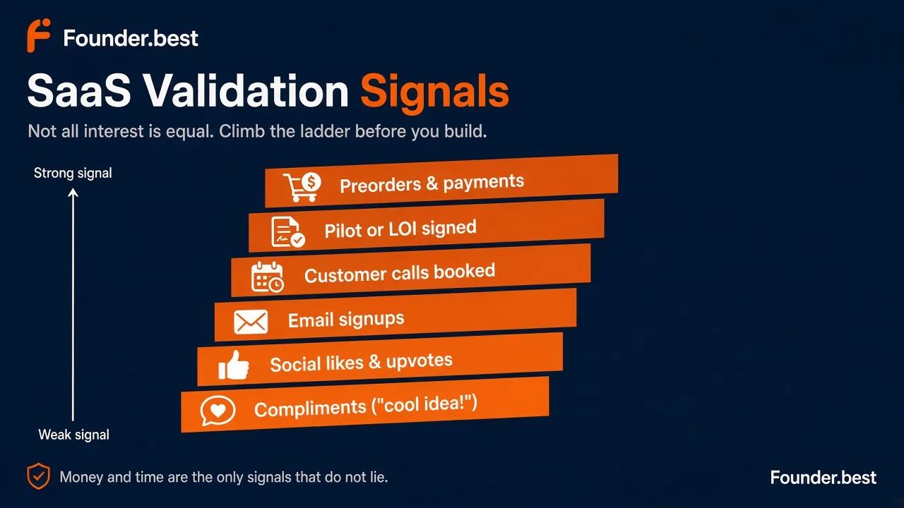 SaaS validation signals ladder - from compliments and likes up to preorders and payments