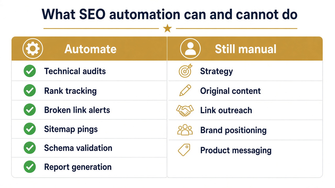 What SEO automation can and cannot do - automate monitoring vs human strategy