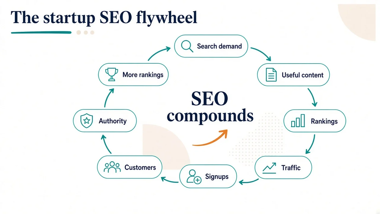 The startup SEO flywheel: search demand, useful content, rankings, traffic, signups, customers, authority, and more rankings