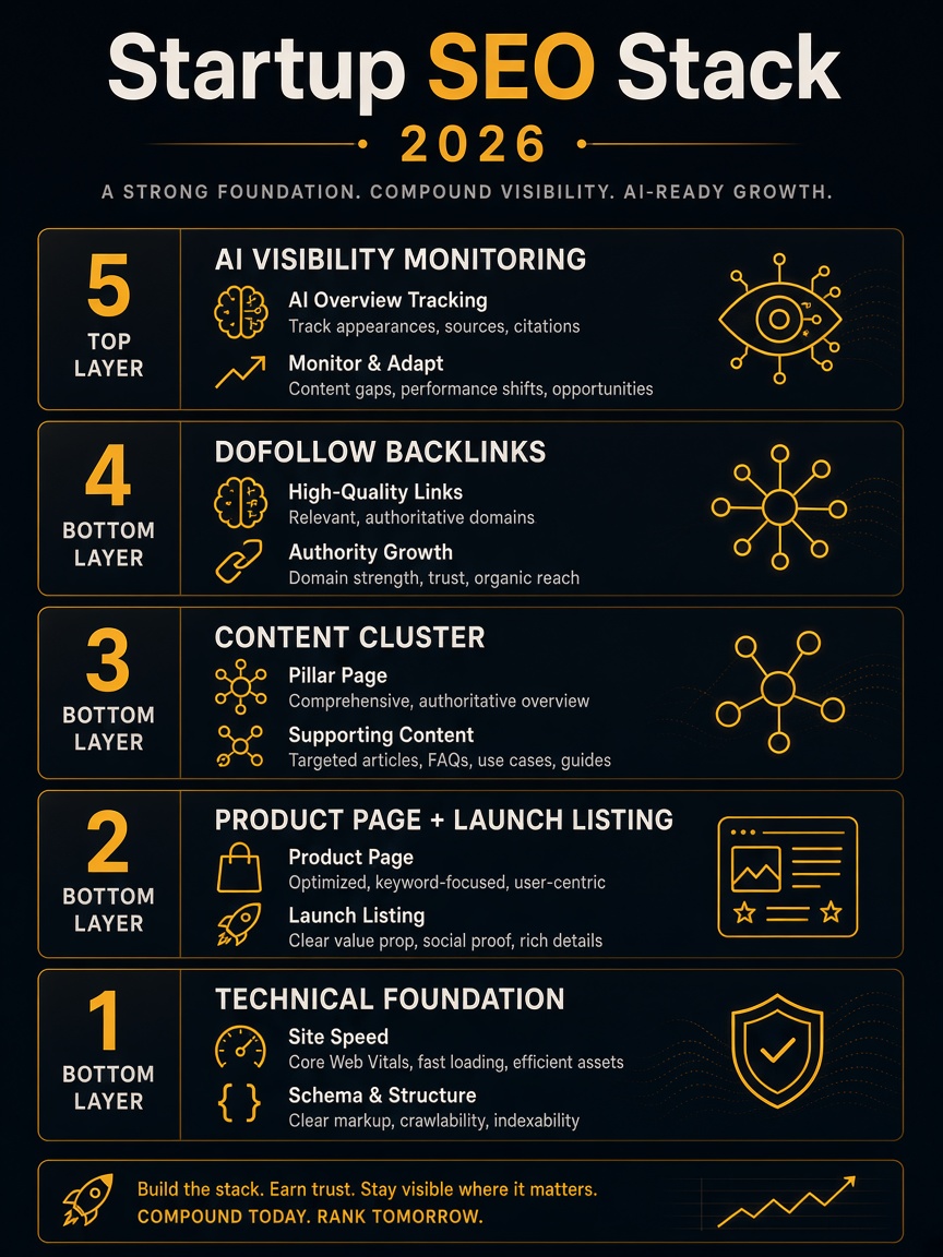 Startup SEO stack 2026 - technical, product page, content, backlinks, AI visibility