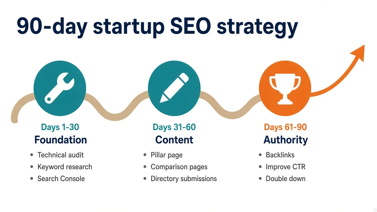 90-day startup SEO strategy: foundation in days 1-30, content in days 31-60, authority in days 61-90