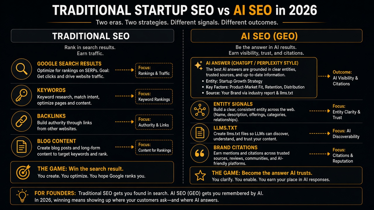 Traditional startup SEO vs AI SEO (GEO) in 2026
