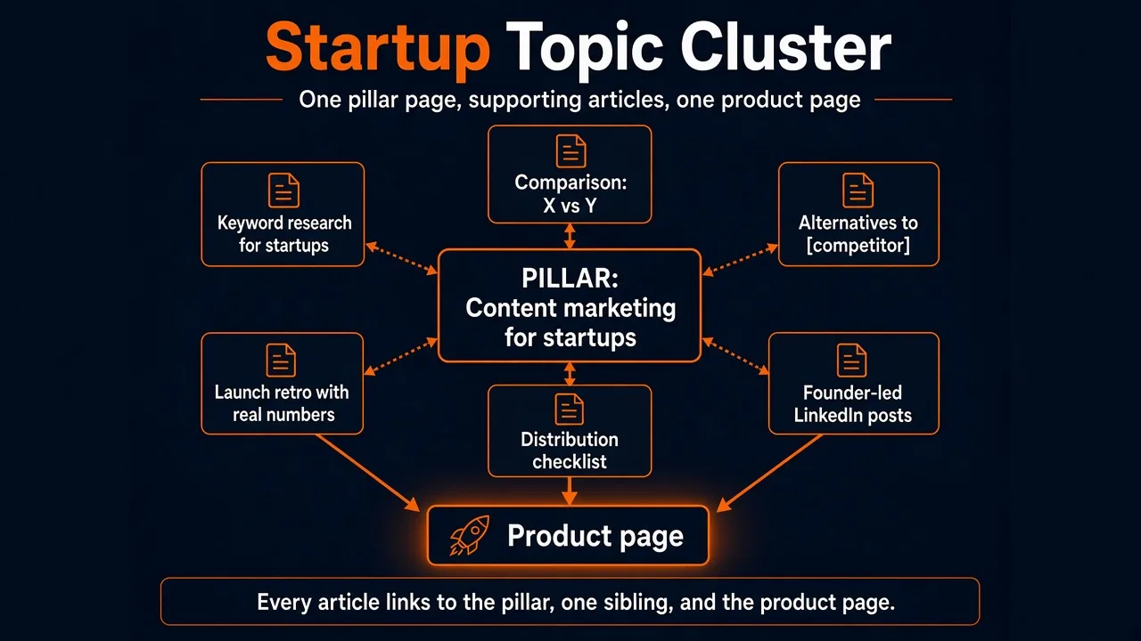 Startup topic cluster - pillar page, supporting articles, and product page